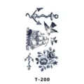 Feuille d'autocollant de tatouage marin bleu retro avec motif d'encre de navire et rose. - T-200 / 60x105mm
