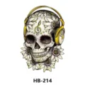 Waterproof temporary skull tattoo sticker featuring floral patterns and music headphones. - HB-214 / 210*148mm