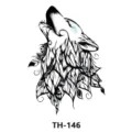 Black and white howling wolf temporary tattoo sticker with geometric feather design for body art. - TH-146