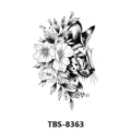 Black and white floral wildcat tattoo sticker variant, detailed botanical animal sketch design. - Cat Floral Style (TBS-8363)