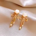 Elegant white rose and gold bow tassel earrings, chic metal fashion ear studs for women. - 189# Flower