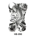 Black and white koi fish lotus temporary tattoo sticker for stylish body art design. - HB-090