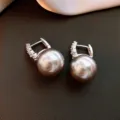 Chic large gray pearl hoop earrings with sparkling crystals, elegant european fashion jewelry. - 165# Clip Pearl