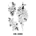 Waterproof temporary tattoo sticker sheet with snake, dagger, and floral black line art designs. - HB-308X / 210*148mm