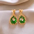 Gold heart top green teardrop crystal earrings with pearl star detail for women. - 220# Waterdrop