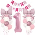 Roze verjaardag feest ballon set met nummer 1 folie ballon en schattige strik banner. - Blauwe en roze ballon banner set (roze)