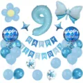 Set de globos de fiesta de cumpleaños azul con globo de aluminio número 9, mariposa y guirlanda. - Número 9 / Azul cielo