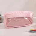 Grazioso e carino astuccio rosa a pois con finestra trasparente, grande custodia per cancelleria. - Rosa