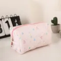 Bolsa cosmética acolchada rosa con estampado floral, gran organizador de maquillaje portátil. - Rosa