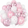 Pink and white balloon set with bow prints and confetti, ideal for party decoration. - Pink Set