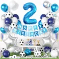 Set di palloncini per festa di compleanno tema calcio blu con palloncino numero 2 e striscione. - Stile Calcio Blu Numero 2