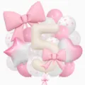 Detail view of the cream number 5 balloon with pink bow and assorted party balloons set. - Bow Knot Number 5 Balloon / Pink
