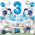 Set di palloncini di compleanno a tema calcio blu e bianco con numero 3 e festone. - Stile Calcio Blu Numero 3