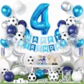 Set palloncini compleanno calcio blu con pallone 4 alluminio, striscione e decorazione torta. - Stile Calcio Blu Numero 4