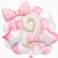 Close-up detail of cream bow number 9 balloon set, pastel pink party decoration backdrop. - Bow Knot Number 9 Balloon / Pink