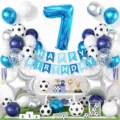 Set di decorazioni per feste di compleanno con palloncini foil blu e striscione. - Stile Calcio Blu Numero 7