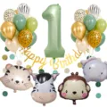 Retro green jungle animal balloon set with number one balloon for baby birthday party decor. - Number 1 Set