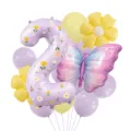Close-up detail of spring purple daisy butterfly number 2 balloon bundle for kids birthday party decor. - Number 2 Style