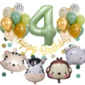 Jungle animal balloon set with number 4 and retro green latex balloons for birthday party - Number 4 Set