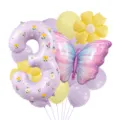 Spring purple floral number 3 foil balloon set with butterfly and daisy for birthday party decor - Number 3 Style