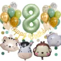 Set di palloncini per compleanno a tema giungla verde retro con numero 8 e simpatici palloncini. - Set Numero 8