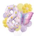 Detailed view of spring purple daisy butterfly number 8 balloon set for birthday party decor. - Number 8 Style