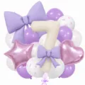 Cream number 7 balloon set with purple bows, star and heart foil balloons for birthday party. - Bow Knot Number 7 Balloon / Purple