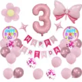Children birthday party balloon set with number 3 pink foil balloons and banner decorations. - Number 3 / Pink