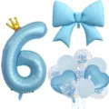 Blaues Kronen-Nummer-6- und Schleifen-Ballon-Set mit bedruckten Ballons für Baby-Shower-Party. - Zahl 6 / Blau