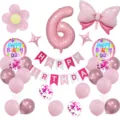 Set de globos de fiesta de cumpleaños número 6 rosa con banner de aluminio y látex para niños - Número 6 / Rosa