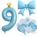Blaues Nummer 9 Kronen-Ballon, Schleifen-Ballon und Junge gedruckt Latex Ballons. - Zahl 9 / Blau