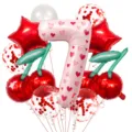 Cherry and heart number 7 foil balloon set for birthday party decoration detail view. - Number 7 Style