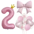 Pink number 2 crown foil balloon bow balloon set baby girl birthday party decoration supplies - Number 2 / Pink