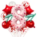 Cherry number 8 foil balloon detail view, pink heart balloon for birthday party decor. - Number 8 Style