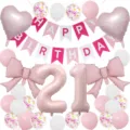 Pink birthday balloon set with heart foil balloons, bows, and a Happy Birthday banner. - Matte Pink Series / Pink Number 21