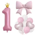 Detailansicht des rosa Kronen-Zahl-Eins-Folienballon- und Schleifenballon-Sets für Partys. - Zahl 1 / Rosa
