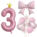 Pink number 3 crown and bow balloon set for baby girl birthday party decoration details - Number 3 / Pink