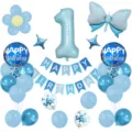 Blue 1st birthday party balloon set with number one, banner, and confetti balloons. - Number 1 / Sky Blue
