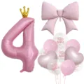 Pink crown number four balloon and giant bow balloon set for baby shower birthday party decor - Number 4 / Pink