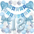 Blue birthday party balloon set with number 18, heart balloons, and happy banner. - Blue Number 18