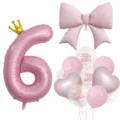 Rosa Nummer 6 Ballon Set mit Krone Schleife und Herz Folienballons fuer Baby Maedchen Geburtstag. - Zahl 6 / Rosa