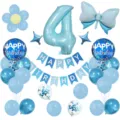 Set de globos de cumpleaños azul con número 4, mariposa, banderín para fiesta infantil. - Número 4 / Azul cielo