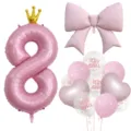Rosa Nummer 8 Krone und Schleife Ballon Set mit Herzen und Mädchen Latexballons Dekoration - Zahl 8 / Rosa