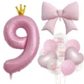 Rosa Nummer 9 Krone und Schleife Ballon Set für Babydusche und Geburtstag Party Dekoration. - Zahl 9 / Rosa