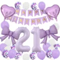 Matte purple birthday balloon set featuring number 21, bow and heart foil balloons. - Purple Number 21