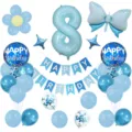 Detalles del juego de globos de cumpleaños azul con globo de aluminio número 8 y guirnalda. - Número 8 / Azul cielo