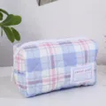 Trousse de maquillage matelassée à carreaux grande capacité pochette cosmétique mignonne - Carreaux Bleu Rose