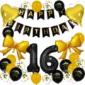 Matte black and gold birthday balloon set with heart and bow foil balloons for party decor. - Black Number 16