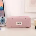 Cute pink canvas pencil case with bow embroidery and large capacity for students and daily use. - Pink