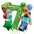Minecraft Geburtstag Ballons Set mit Pixel Zahl 7, Block und Spielfigur Dekorationen. - Nummer 7 Stil